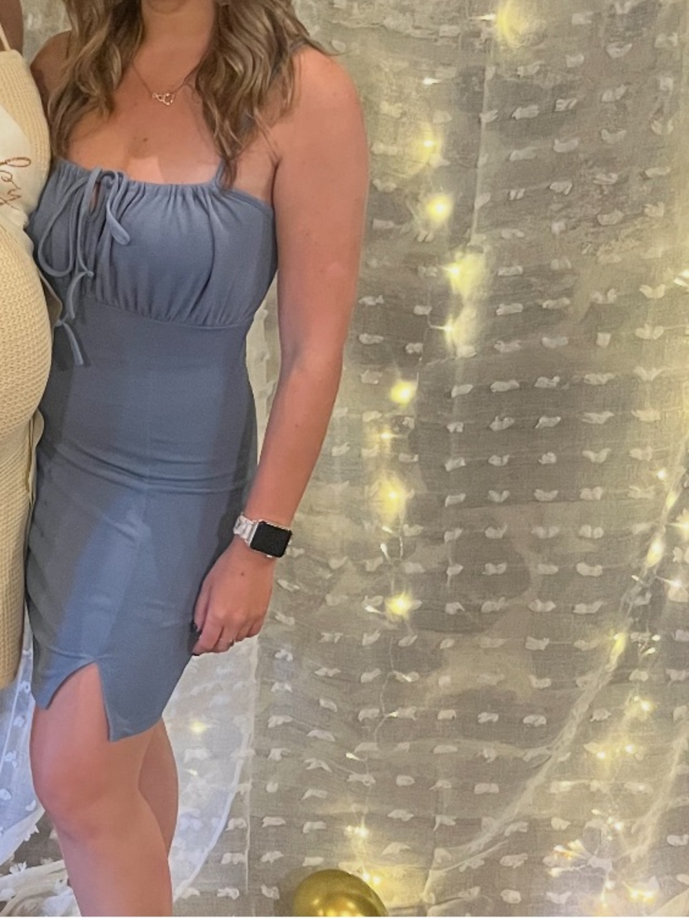 Ruched Square-Neck Mini Dress in Dusty Blue